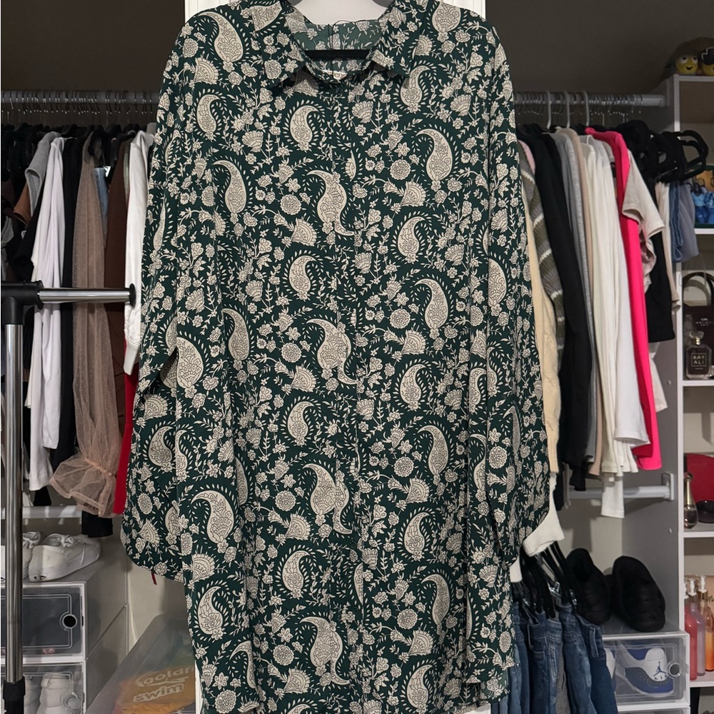 Boohoo Green Bishop Sleeve Dress with Dress Shirt Collar